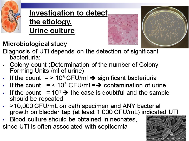 Investigation to detect  the etiology.  Urine culture  Microbiological study Diagnosis of